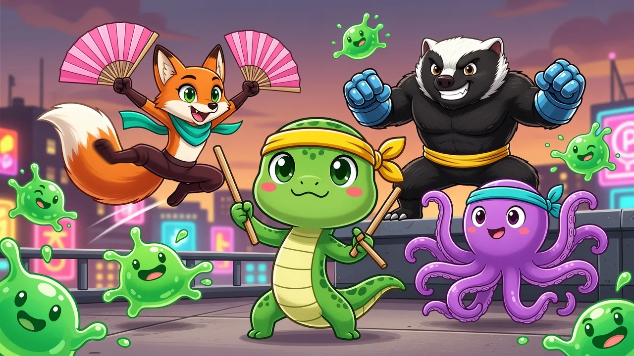 Noodle, Kiki, Tank and Bloop leaping into action on a neon rooftop